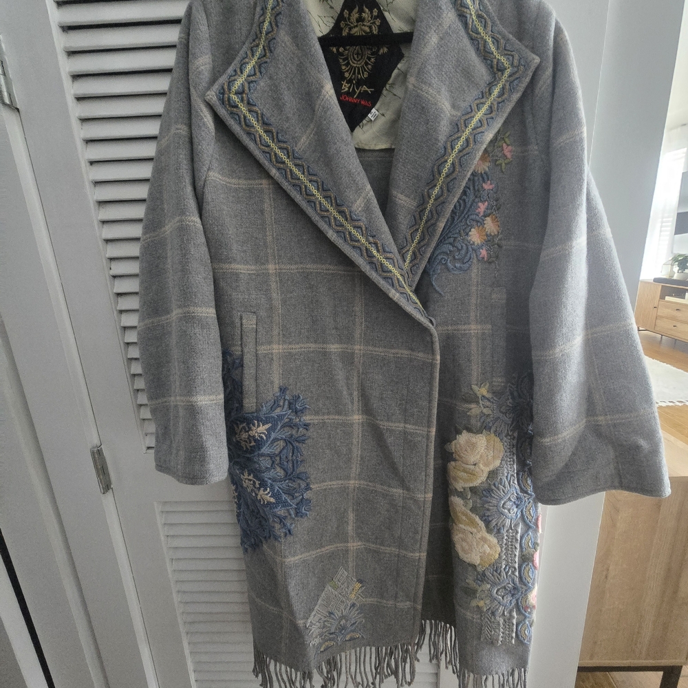 Johnny Was Gray Embroidered Coat Fringe